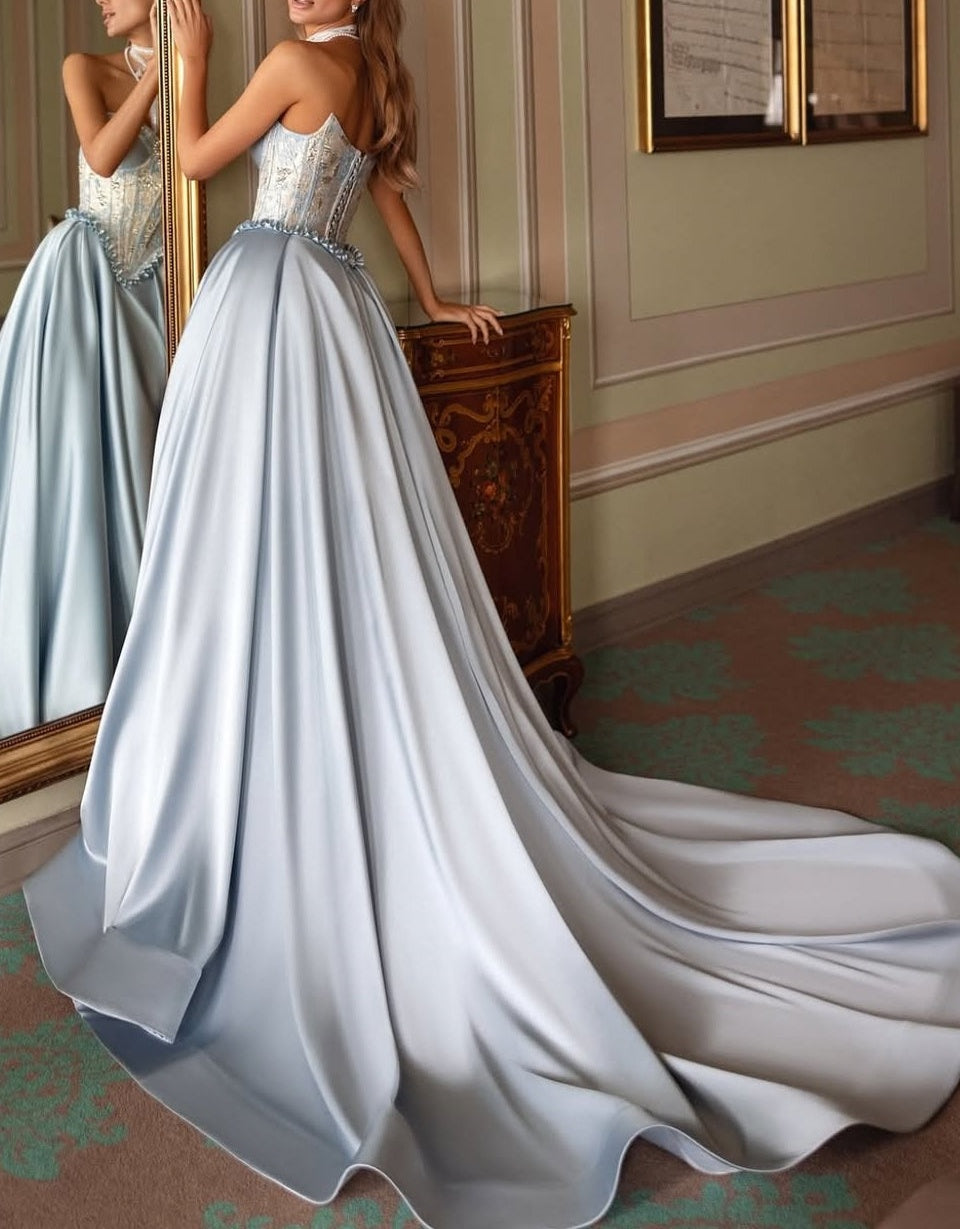 Elegant Sky Blue Sweetheart Satin A-Line Prom Dresses Bubbles Sleeves High Slit With Pleats Beads