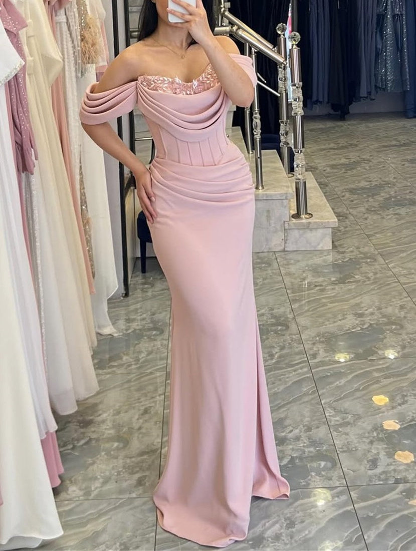 Pretty Pink Mermaid Off-The-Shoulder Satin Prom Dresses Sweetheart Sleeveless With Beads Pleats