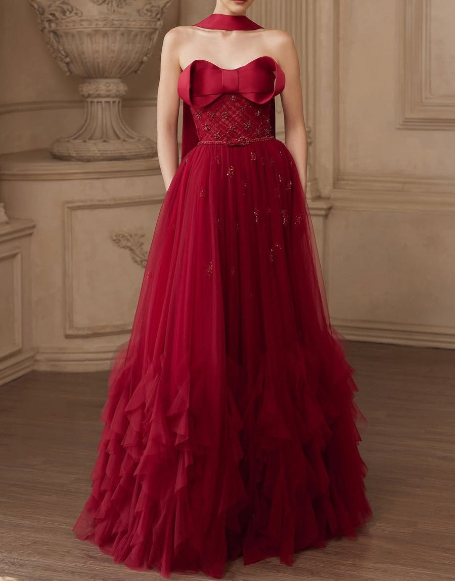 Popular Burgundy Strapless Tulle A-Line Prom Dresses Sleeveless Gem With Bow Knot Beadings