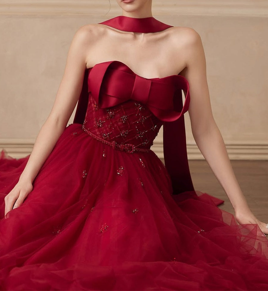 Popular Burgundy Strapless Tulle A-Line Prom Dresses Sleeveless Gem With Bow Knot Beadings