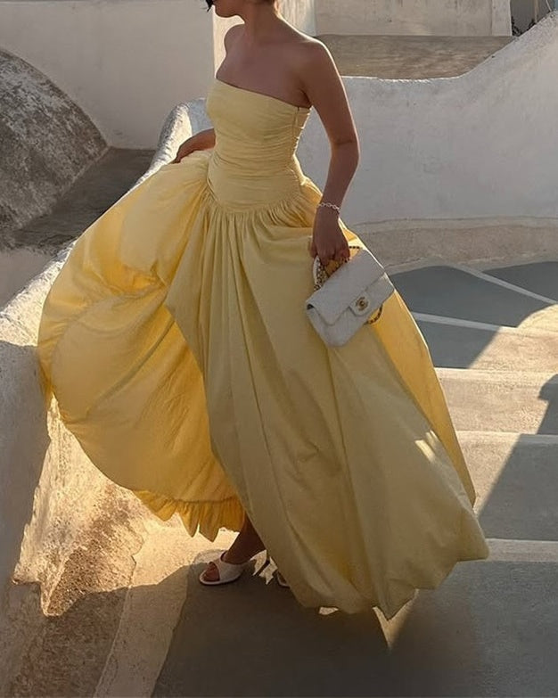 Charming Daffodil Strapless Prom Dress Sleeveless A-Line Side Slit With Pleats