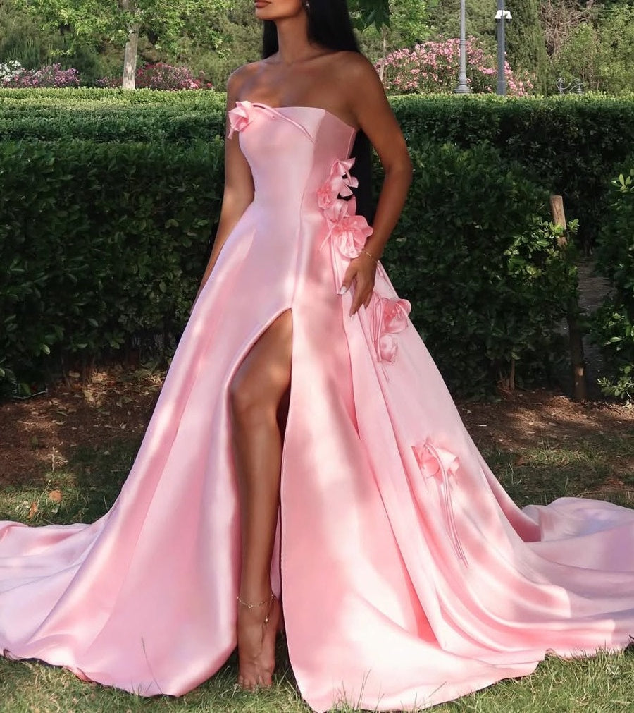 Chic Pink Satin Strapless Sleeveless Prom Dress High Slit A-Line With Flower