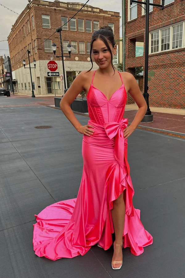 Sexy & Hot Sheath Strapless Straps Sleeveless Pleated Bow Knot Ruffles Criss Cross Straps Open Back Side Slit Floor Length Prom Dresses Dress Evening Gown Party Dress