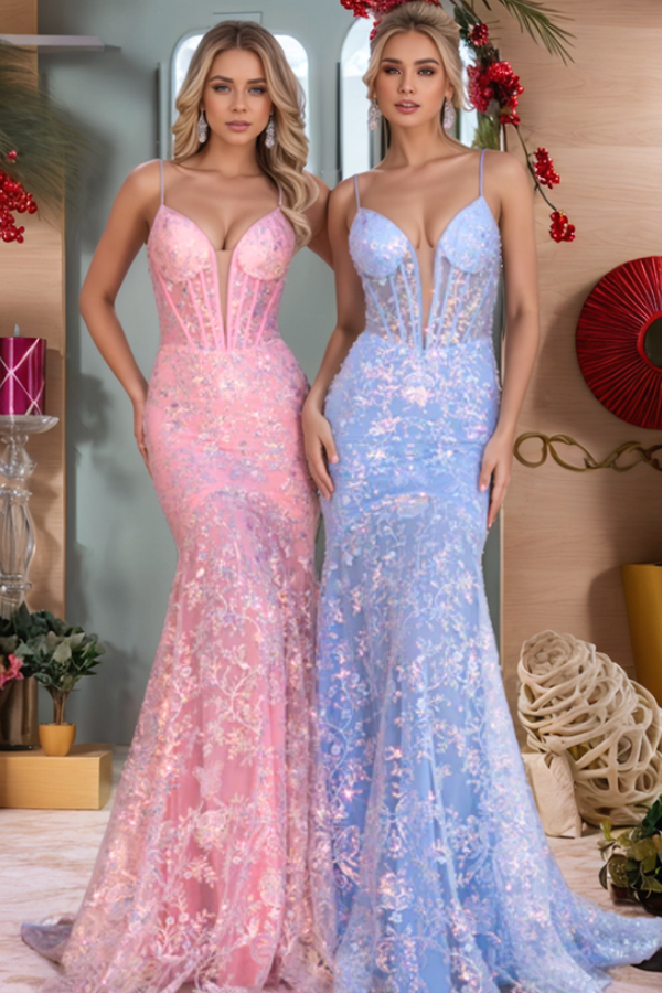 Cute & Casual Mermaid Spaghetti Straps Sequins Appliques Prom Dresses Party Gown Floor Length Back Zipper Evening Gown Cocktail Dress