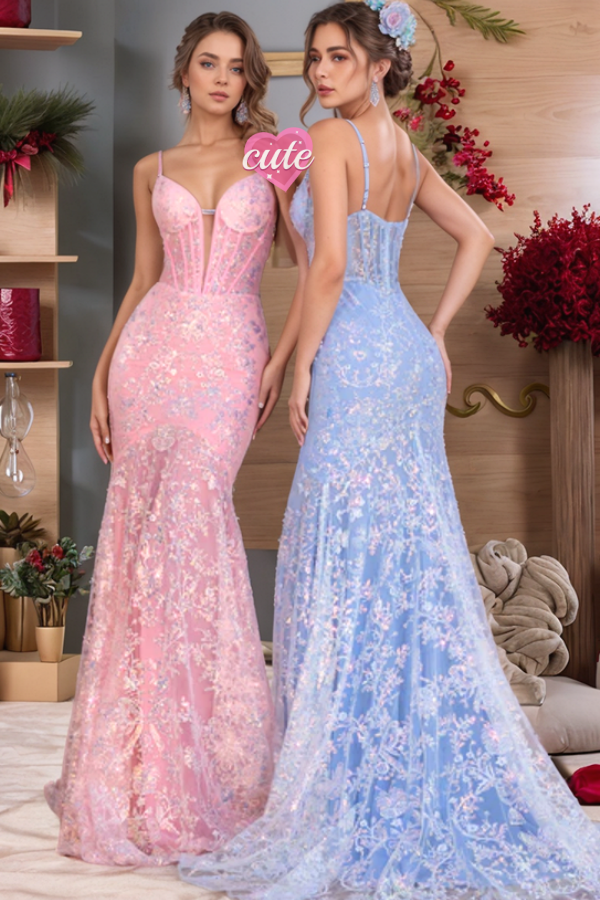 Cute & Casual Mermaid Spaghetti Straps Sequins Appliques Prom Dresses Party Gown Floor Length Back Zipper Evening Gown Cocktail Dress