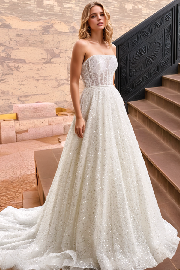 Glamorous & Luxury A-Line Strapless Sleeveless Fully Sequins Beaded Back Zipper Button Sweep Train Wedding Dress Bride Gown