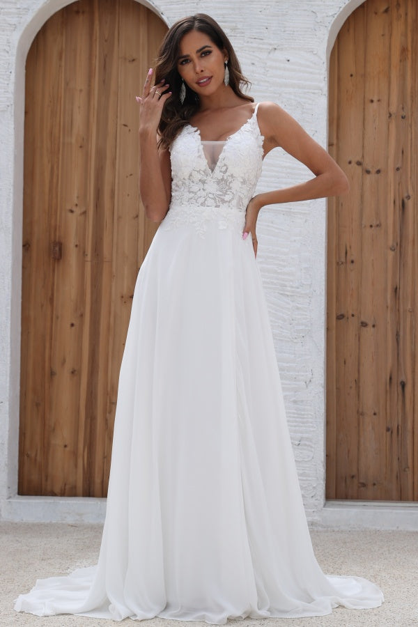 Simple A-Line Low V Neck Spaghetti Straps Seeveless Appliques Bride Gown Side Slit and Train Chiffon Beach Wedding Dress