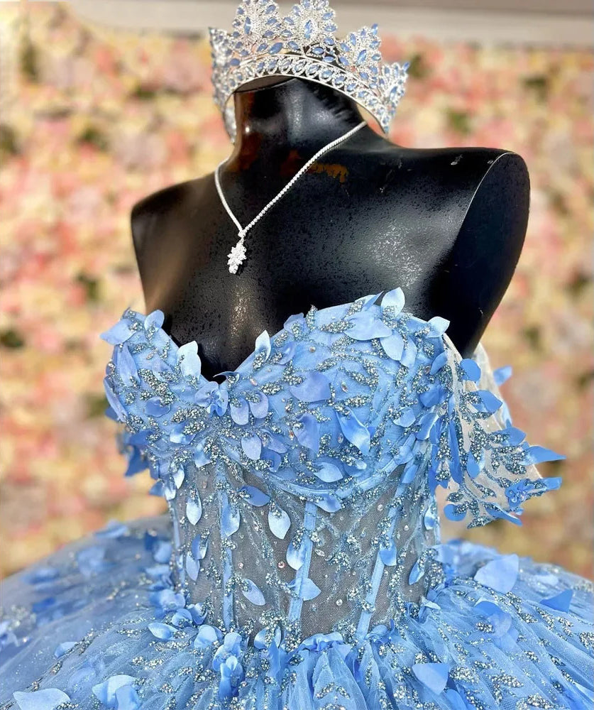 Elegant Ball Gown Off Shoulder Flowers Appliques Beaded Sky Blue Tulle Quinceanera Dress for Sweet 16