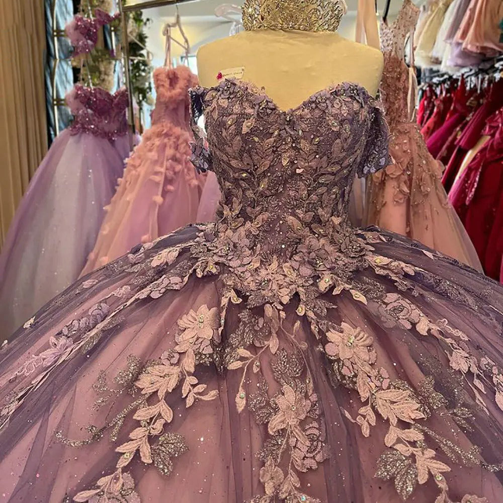 Glitter & Luxury Ball Gown Off Shoulder 3D Floral Lace Appliques Quinceanera Dress Birthday Party Gown for Sweet 16