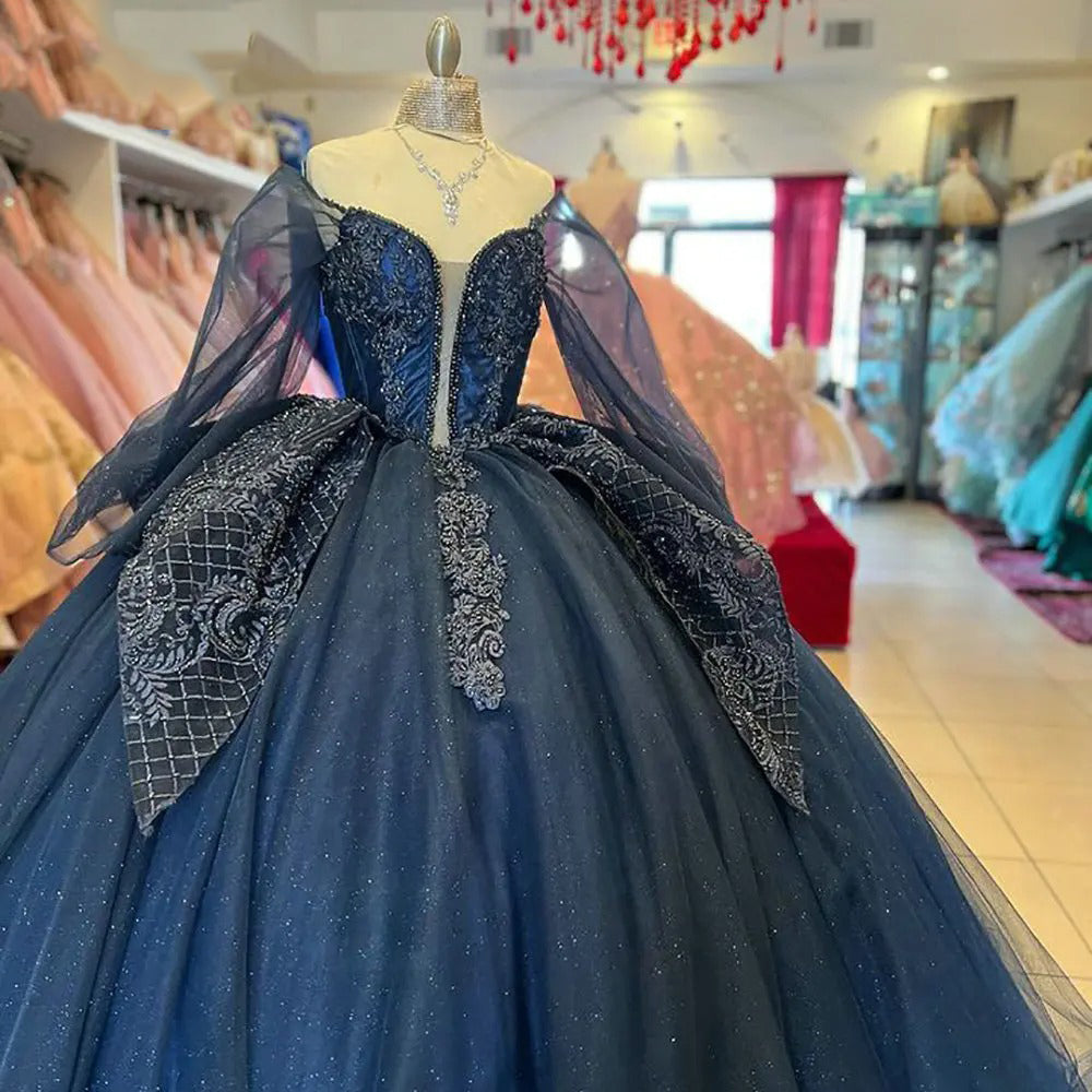 Simple & Casual Ball Gown Off Shoulder Long Sleeves Lace Appliques Tiered Ruffles Navy Blue Tulle Quinceanera Dress Princess Birthday Party Gown for Sweet 16