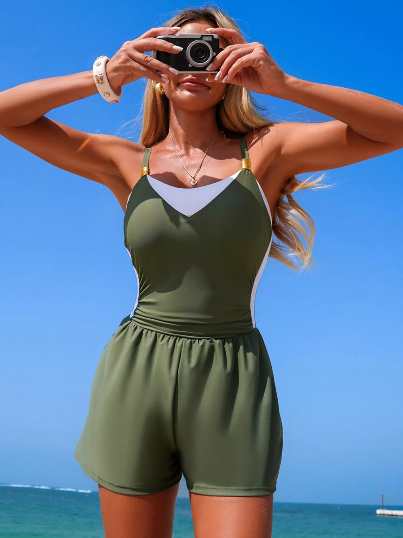 Color Block Adjustable Strap One-Piece Swimsuit