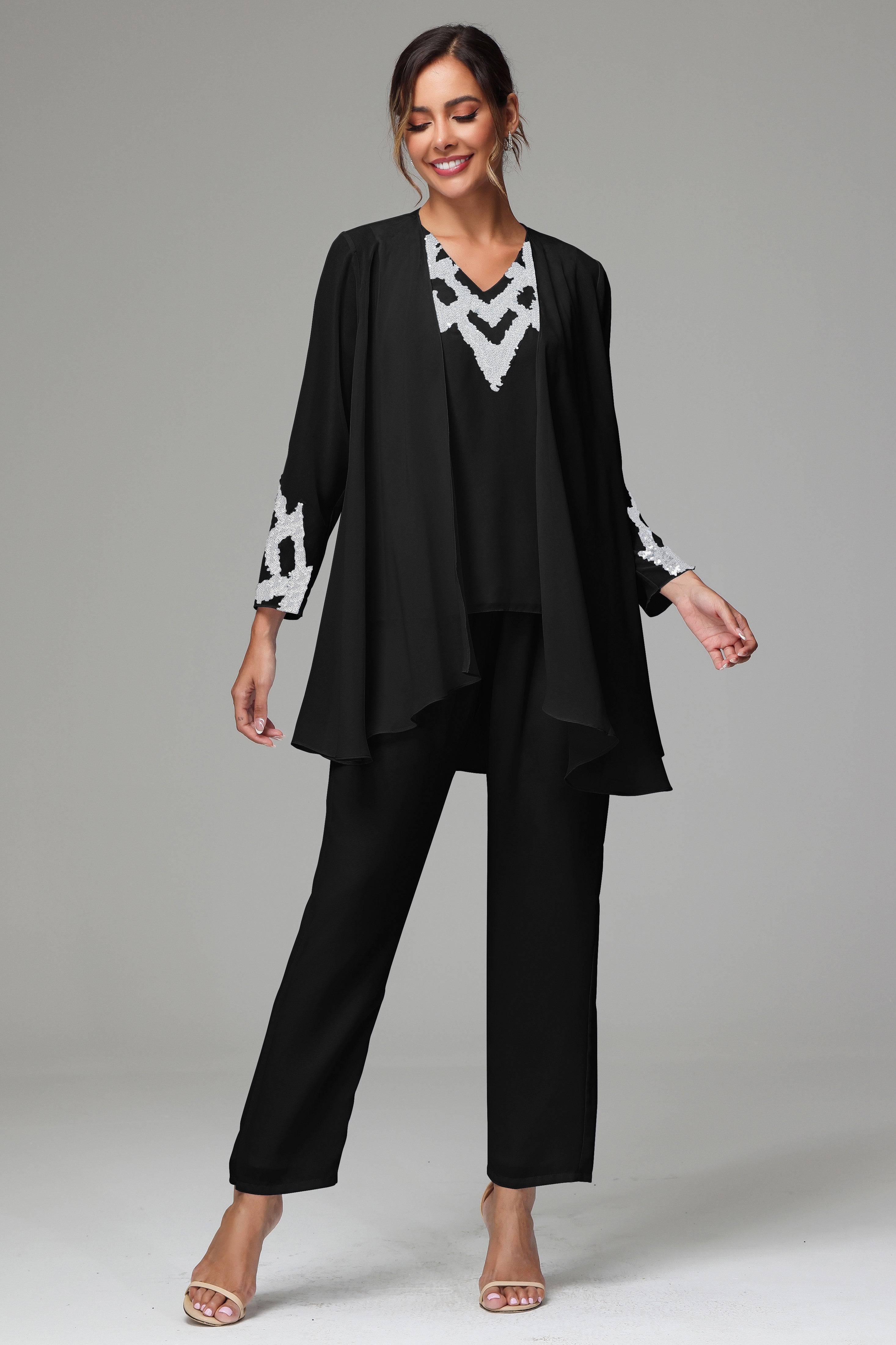 3 Pieces Long Sleeves Chiffon Lace Mother Of The Bride Dress Pants Suits