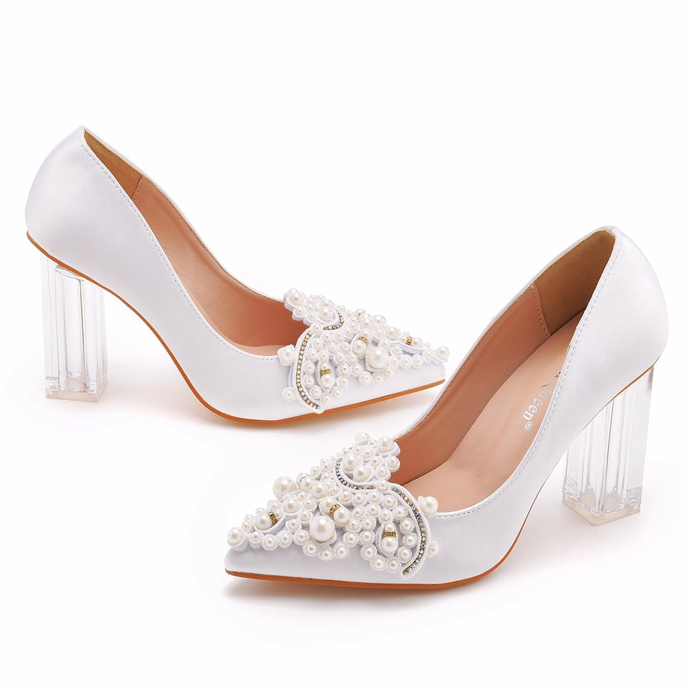 Women's Wedding Shoes Point Toe White Pearl Satin High Heels