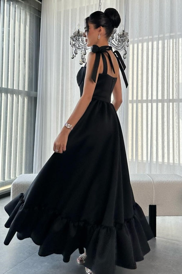 Classic & Simple A-Line Sweetheart Neck Straps Sleeveless Prom Dresses Party Dress Black Satin Floor Length Evenng Gown Wedding Guest Dress