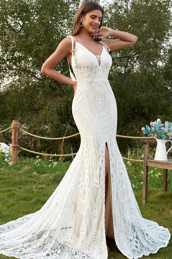Elegant Mermaid Low V Neck Spaghetti Straps Sleeveless Bohemian Wedding Dress Fully Lace Open Back High Side Slit Court Train Bridal Gown