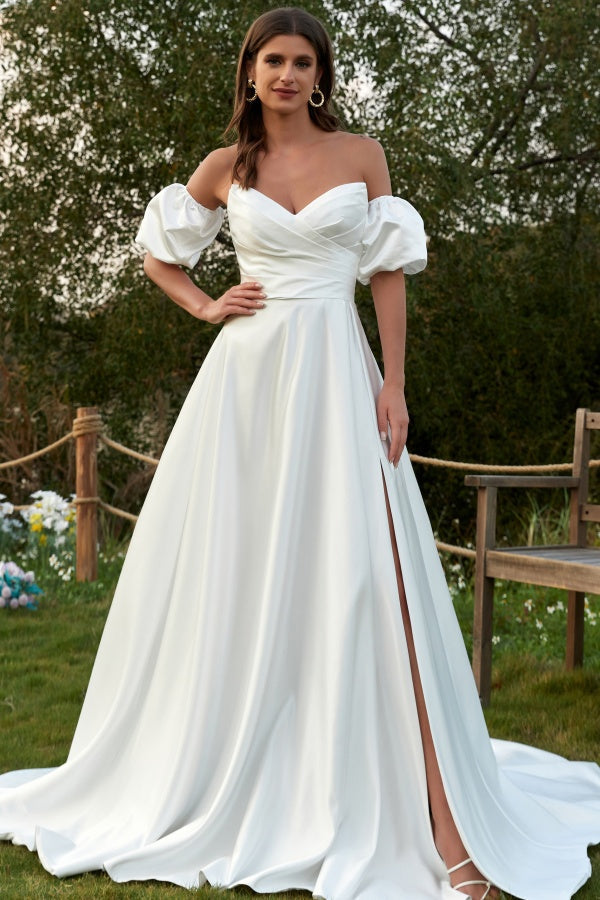 Simle & Elegant A-Line V Neck Detachable Short Lantern Sleeves Satin Wedding Dress Pleated Lace-Up Side Slit Bridal Gown