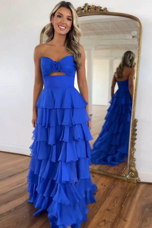 Simple A-Line Strapless Sleeveless Pleated Chiffon Tiered Floor Length Prom Dresses Dress Evening Party Gown