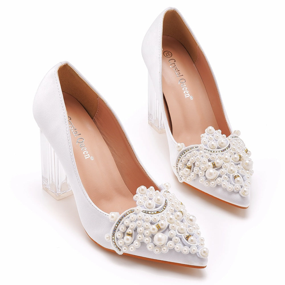 Women's Wedding Shoes Point Toe White Pearl Satin High Heels