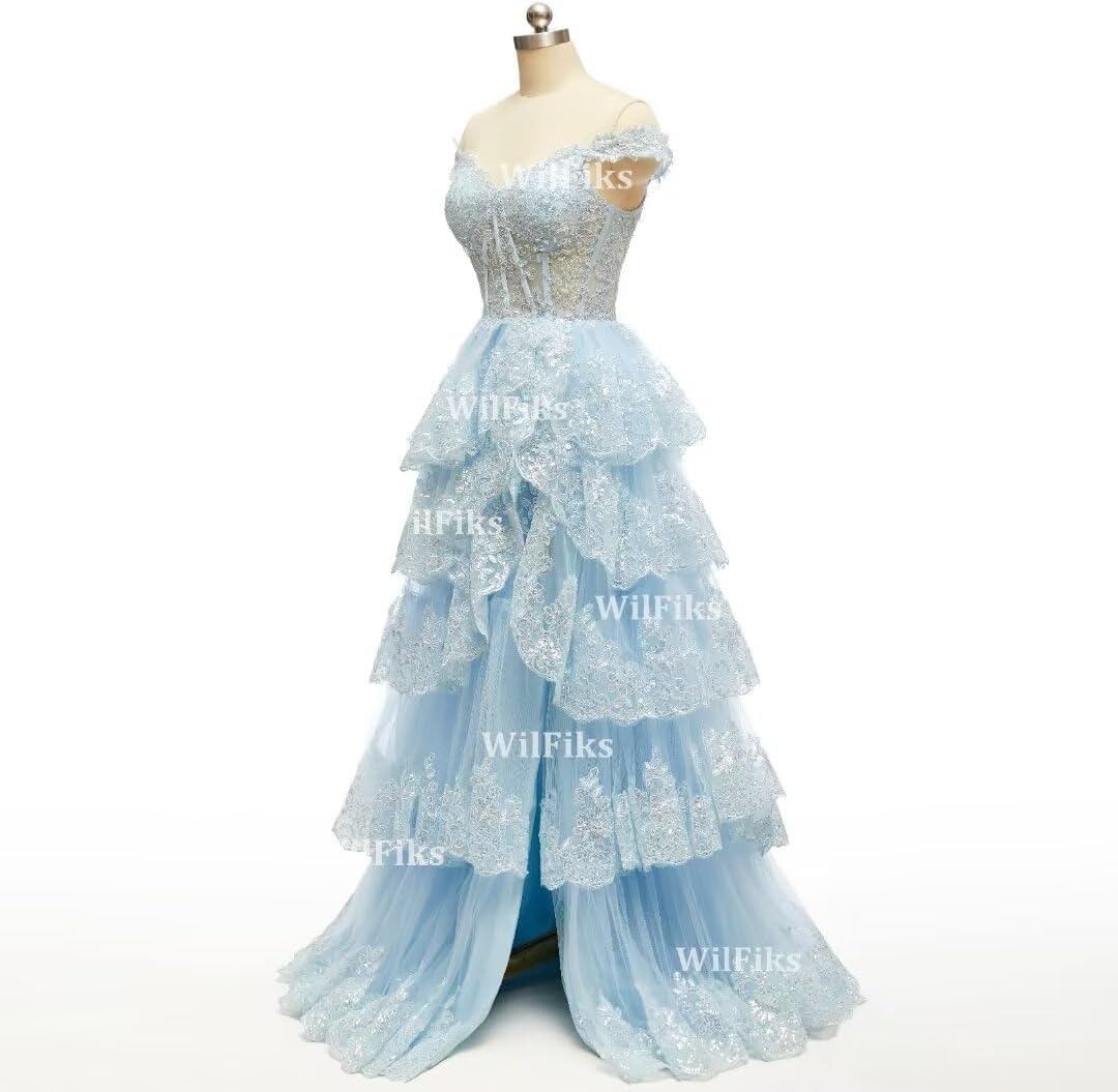 Off Shoulder Tiered Lace Prom Dresses 2025 Long Ball Gowns for Women Formal Sparkly Sequin Corset Evening Gown with Slit
