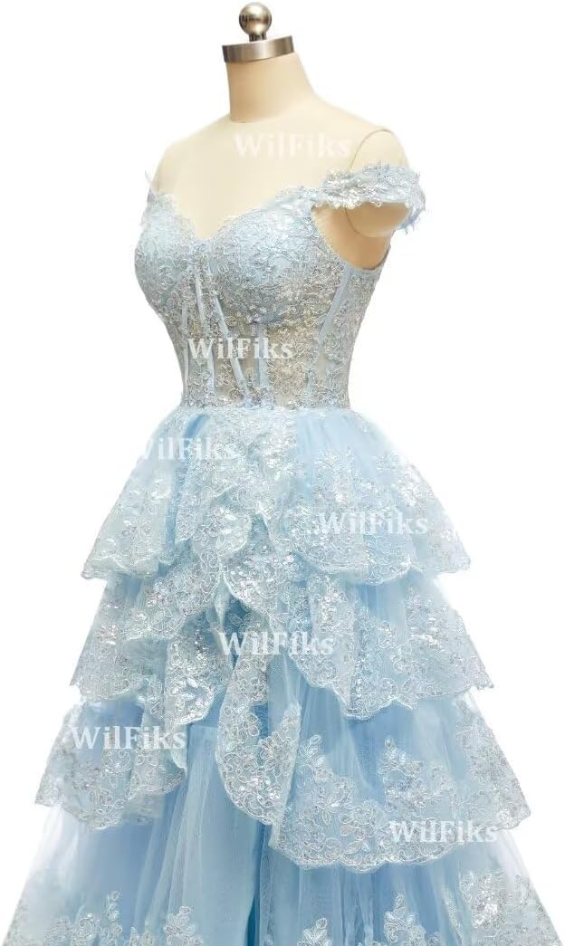 Off Shoulder Tiered Lace Prom Dresses 2025 Long Ball Gowns for Women Formal Sparkly Sequin Corset Evening Gown with Slit