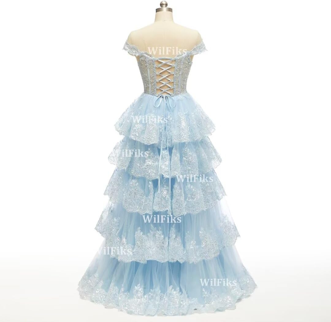 Off Shoulder Tiered Lace Prom Dresses 2025 Long Ball Gowns for Women Formal Sparkly Sequin Corset Evening Gown with Slit