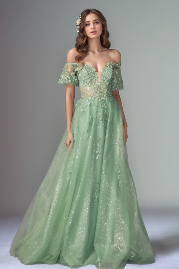 A-Line Off Shoulder Short Lantern Sleeves Appliques Prom Dresses Party Dress Glitter Tulle Formal Evening Dress Wedding Guest Gown