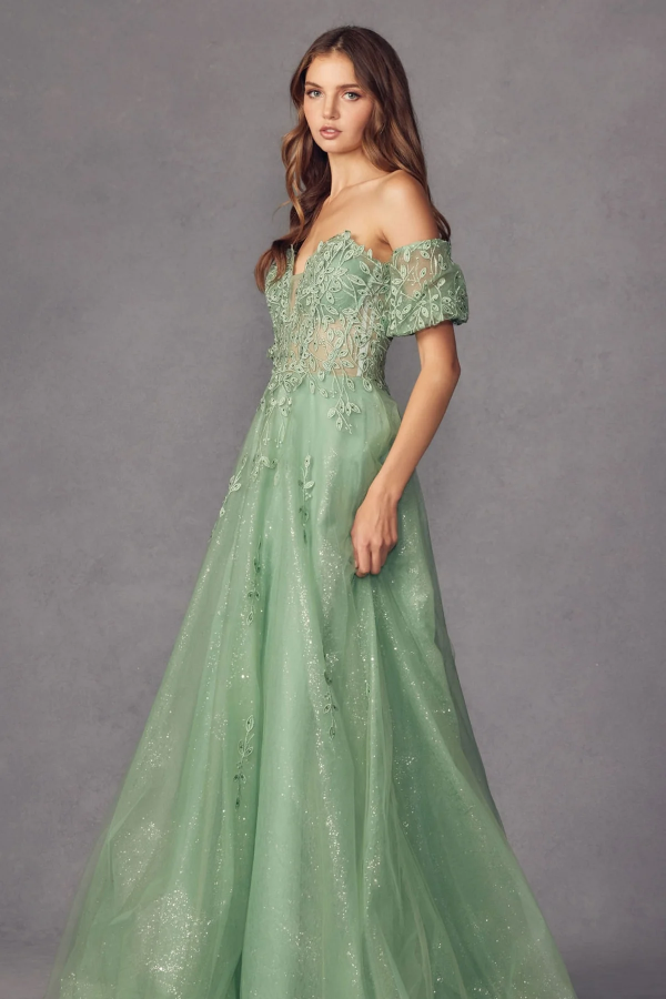 A-Line Off Shoulder Short Lantern Sleeves Appliques Prom Dresses Party Dress Glitter Tulle Formal Evening Dress Wedding Guest Gown