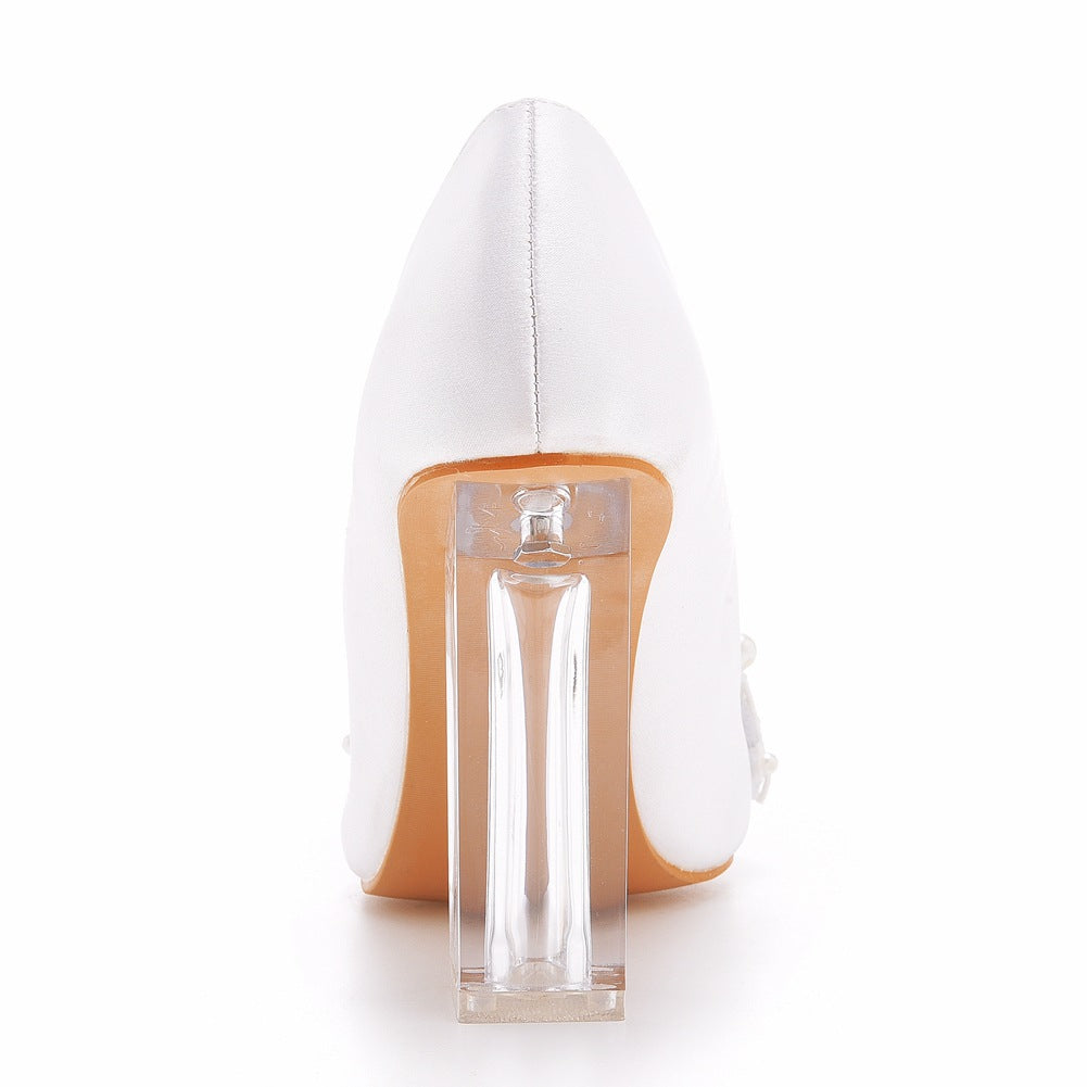 Women's Wedding Shoes Point Toe White Pearl Satin High Heels