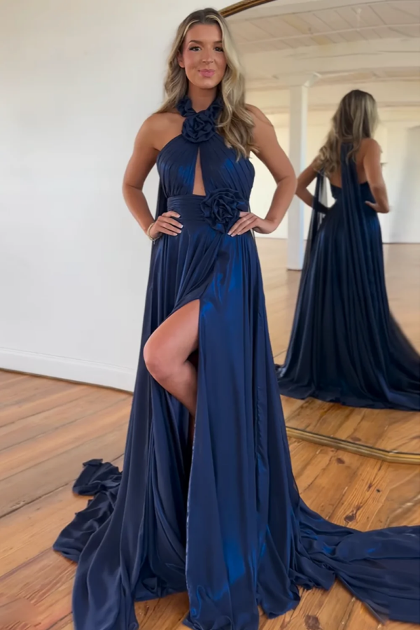 A-Line Halter Sleeveless Pleated Flower High Side Slit and Train Floor Length Prom Dresses Dress Evening Pary Gown