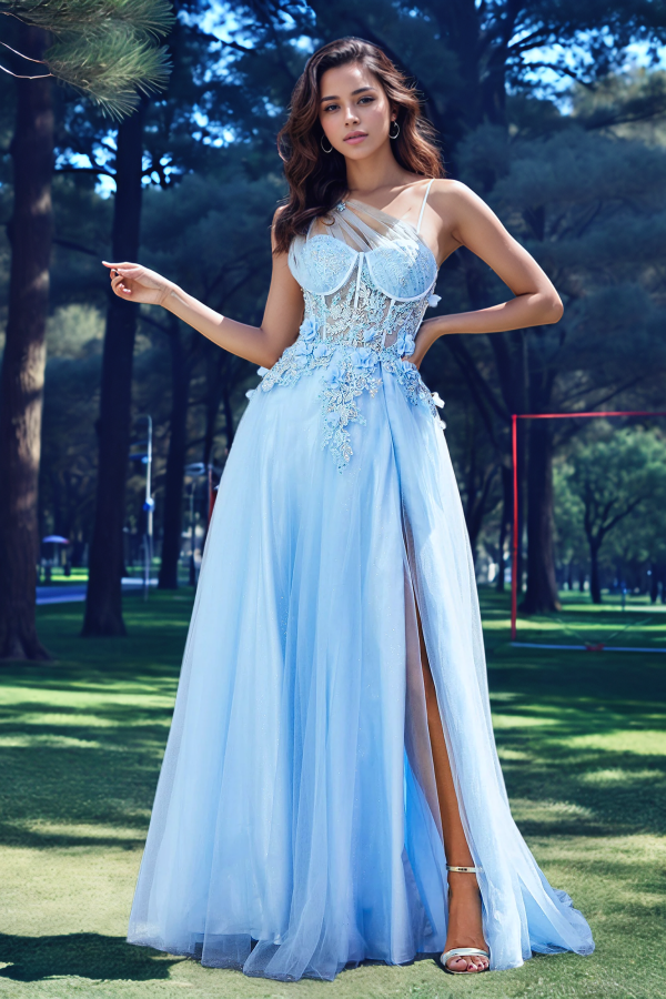 Chic & Modern A-Line One Shoulder Sleeveless Appliques Prom Dresses Party Dress Tulle High Side Slit Criss Cross Straps Evening Formal Dress