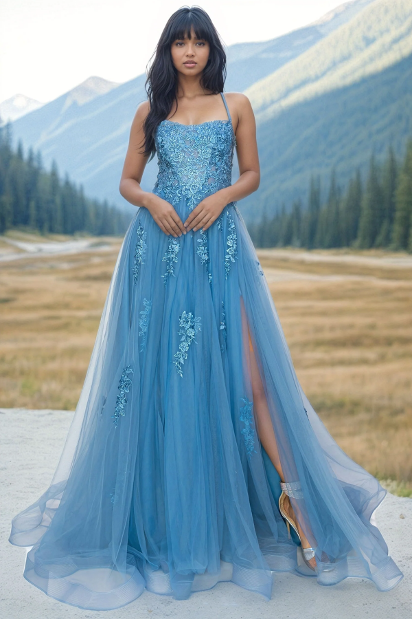 Gorgeous A-Line Square Spaghetti Straps Sleeveless Appliques Formal Prom Dresses Dress Criss Cross Straps High Side Slit Evening Party Gown Wedding Guest Dress