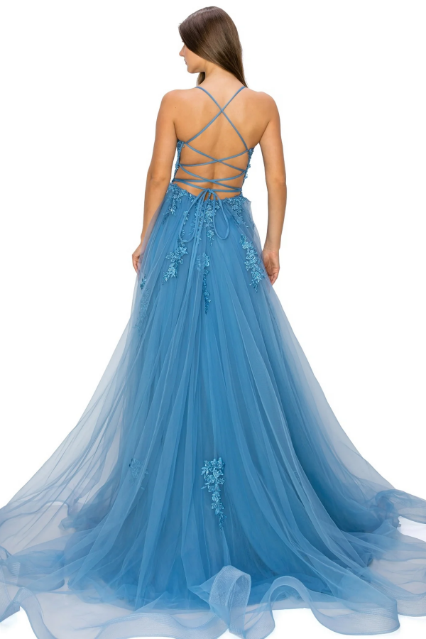 Gorgeous A-Line Square Spaghetti Straps Sleeveless Appliques Formal Prom Dresses Dress Criss Cross Straps High Side Slit Evening Party Gown Wedding Guest Dress