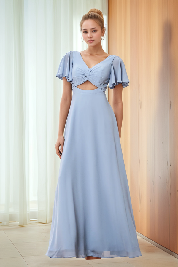 Chic A-Line V Neck Short Sleeves Pleated Ruffles Prom Dresses Dress V Back Bow Knot Floor Length Chiffon Bridesmaids Dress