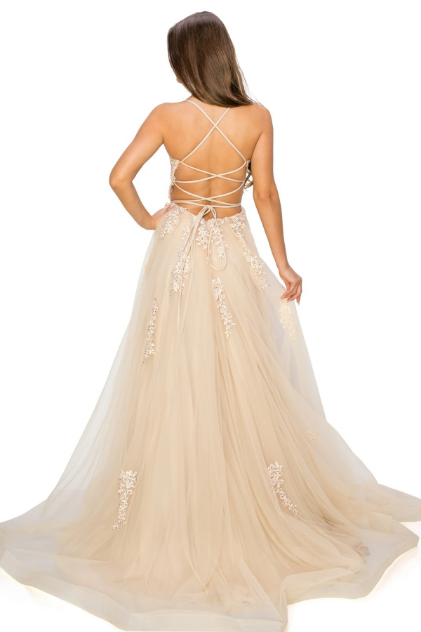 Gorgeous A-Line Square Spaghetti Straps Sleeveless Appliques Formal Prom Dresses Dress Criss Cross Straps High Side Slit Evening Party Gown Wedding Guest Dress