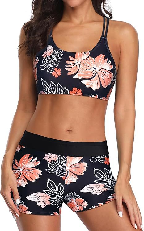 Cross-Back Three-Piece Tankini and Boyshort Set