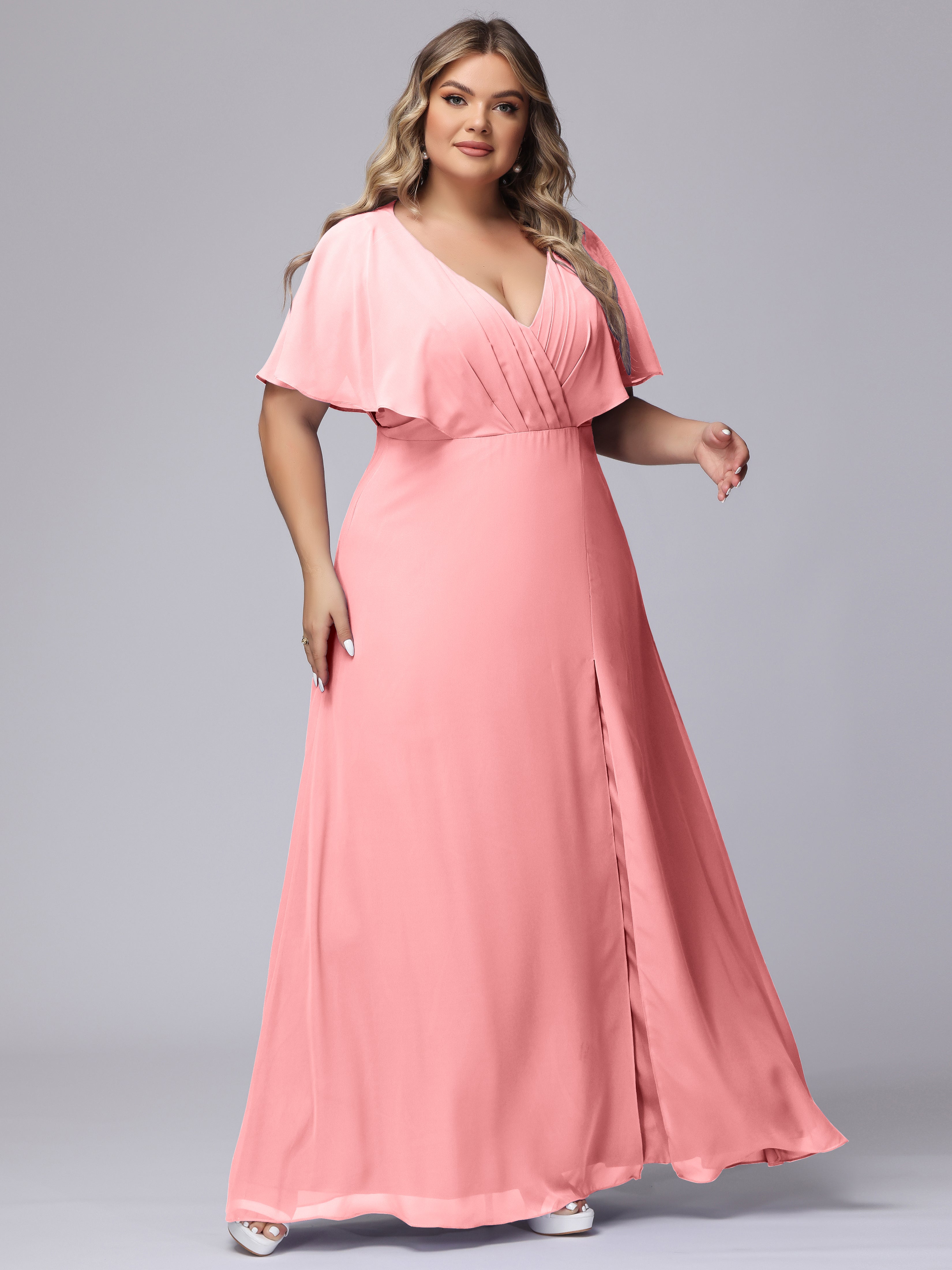 V-Neck Chiffon Short Sleeves Plus Size Bridesmaid Dresses