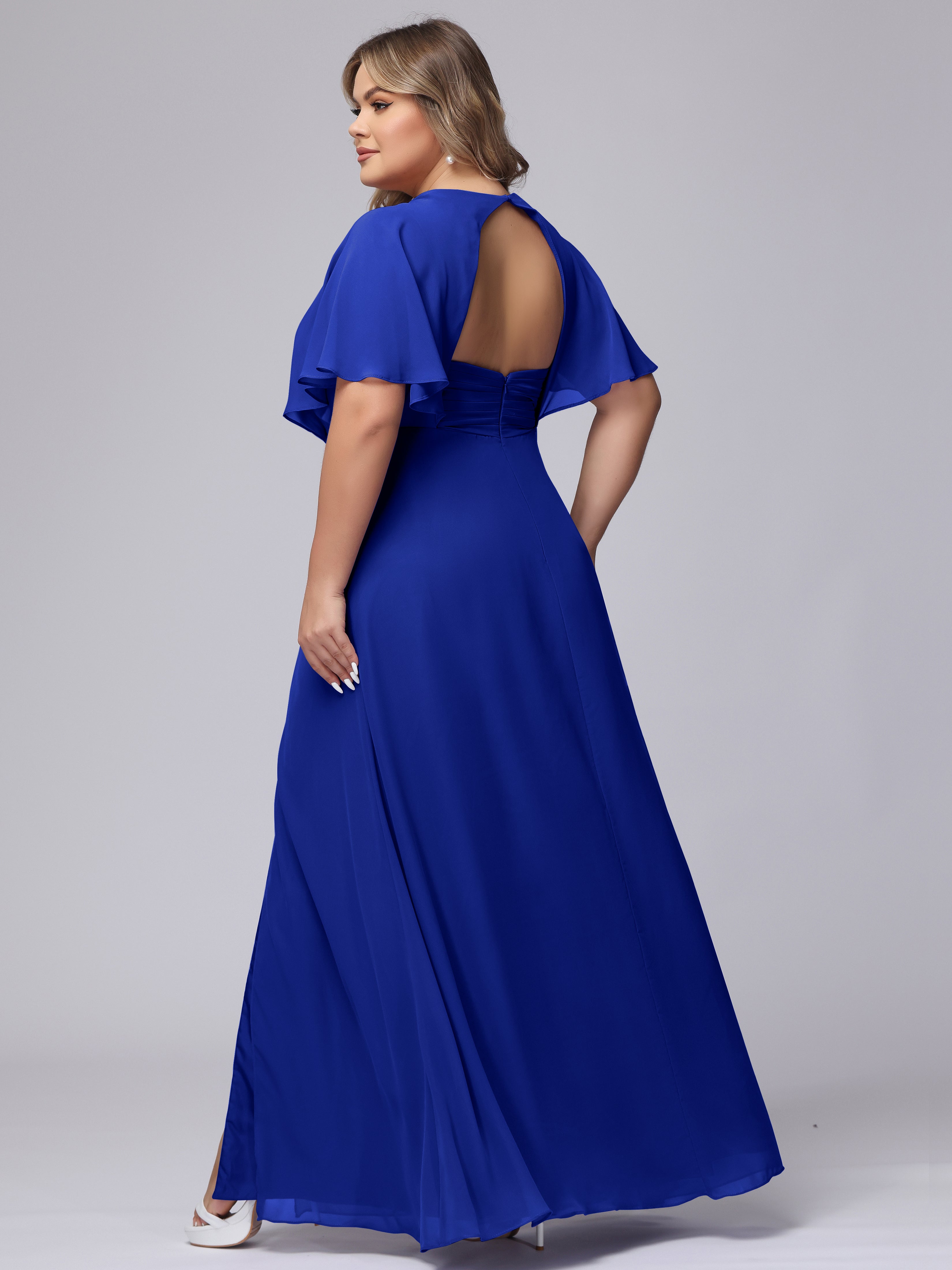 V-Neck Chiffon Short Sleeves Plus Size Bridesmaid Dresses