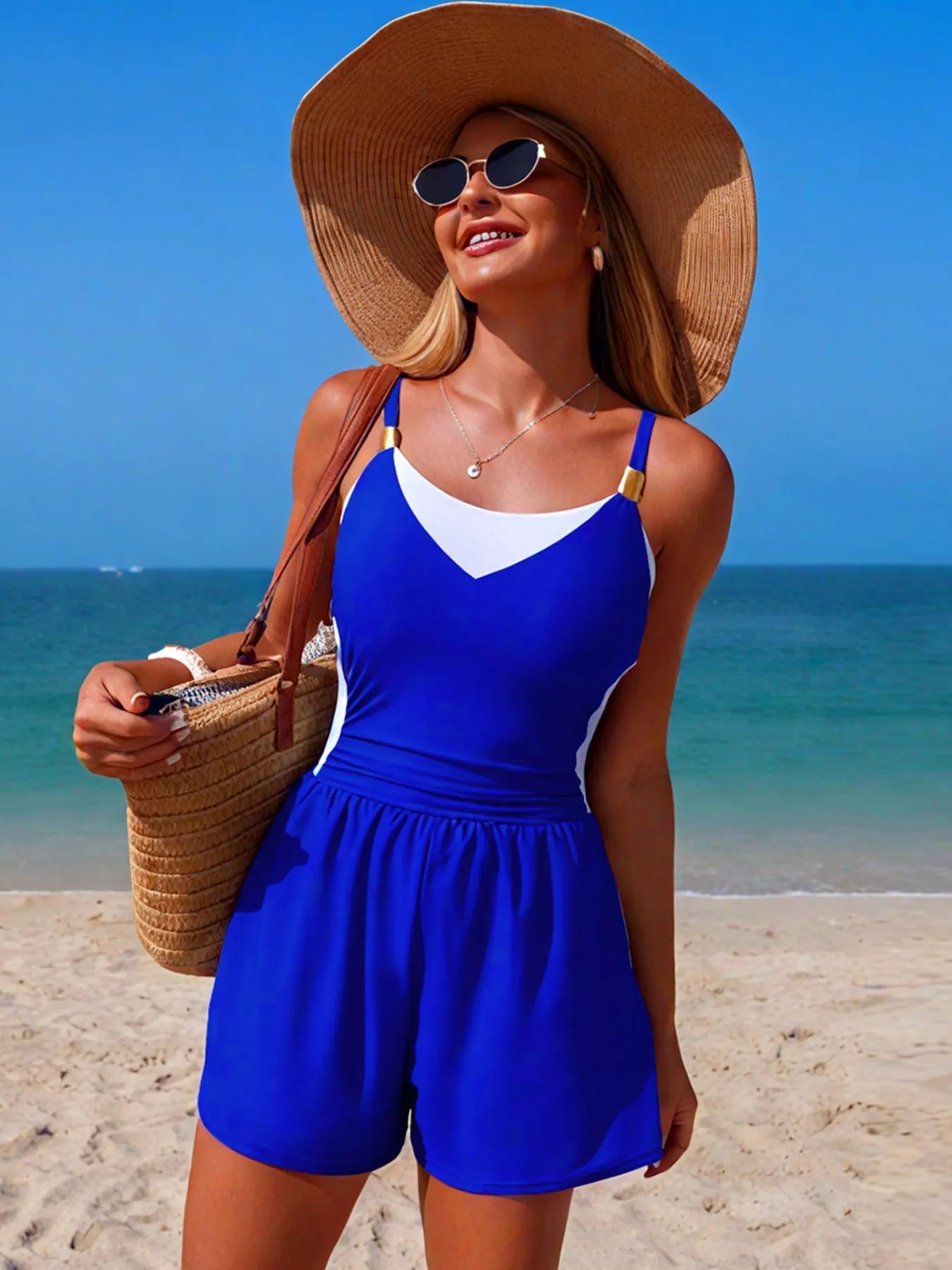Color Block Adjustable Strap One-Piece Swimsuit