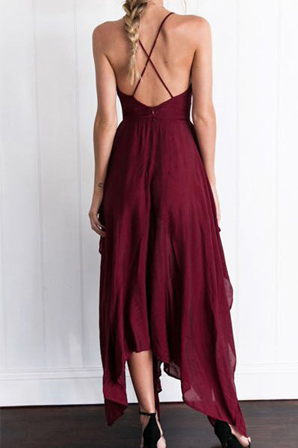 Burgundy Asymmetrical A Line Deep V Neck Sleeveless Backless Side Slit Evening/Prom Dress P76 - Ombreprom