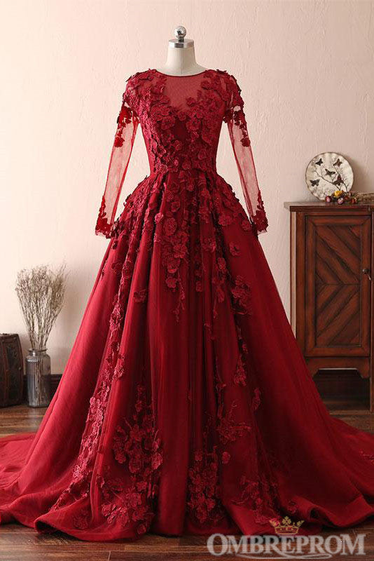 Modest Elegant Burgundy Scoop Neck Long Sleeves Quinceanera Dresses Appliques