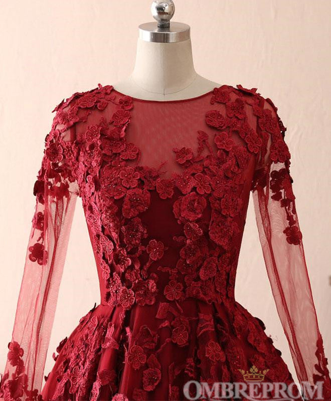 Modest Elegant Burgundy Scoop Neck Long Sleeves Quinceanera Dresses Appliques