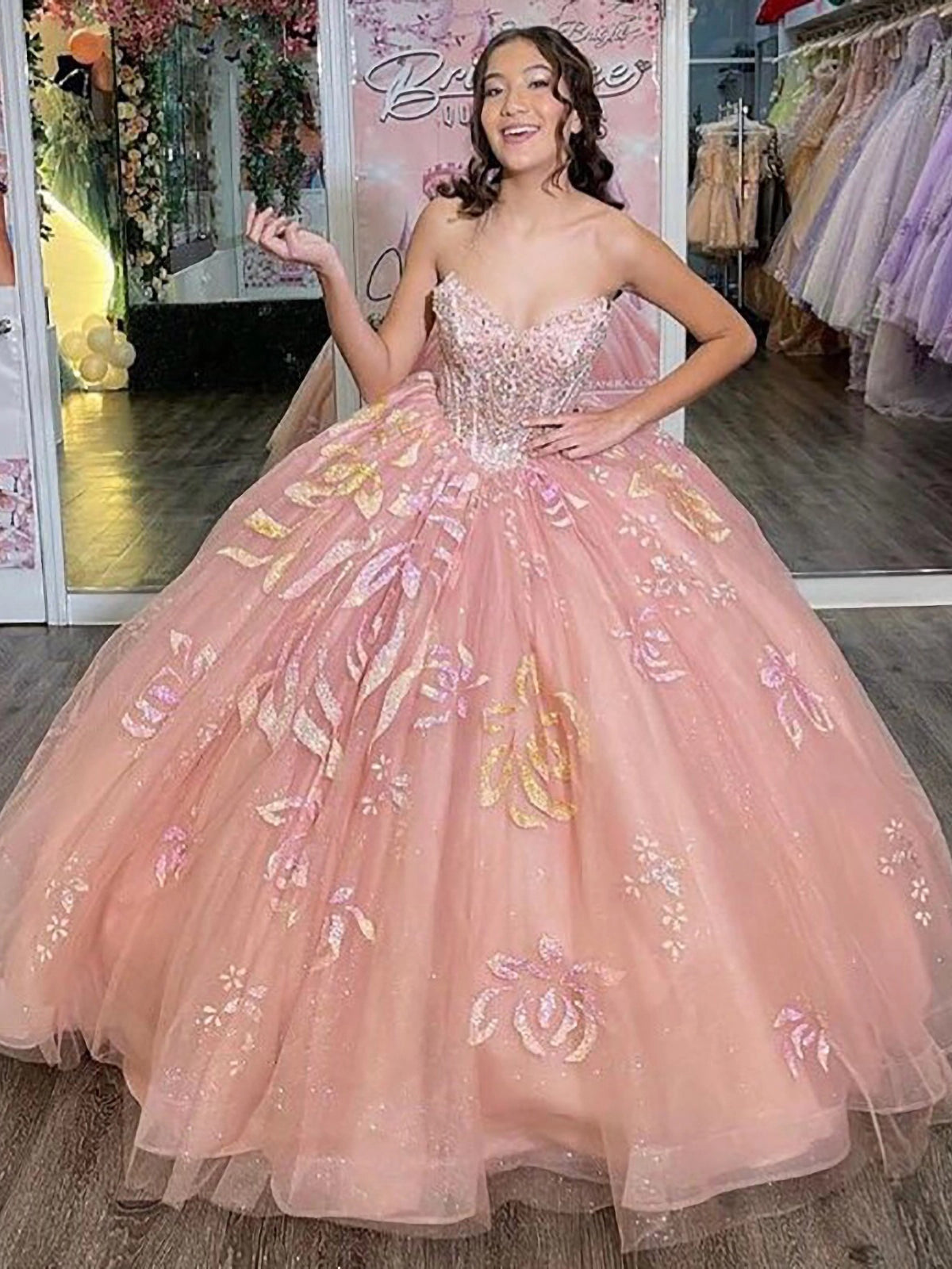 Glitter Ball Gown Sweetheart Neck Appliques Beaded Pink Tulle Princess Quinceanera Dress Birthday Party Gown for Sweet 16