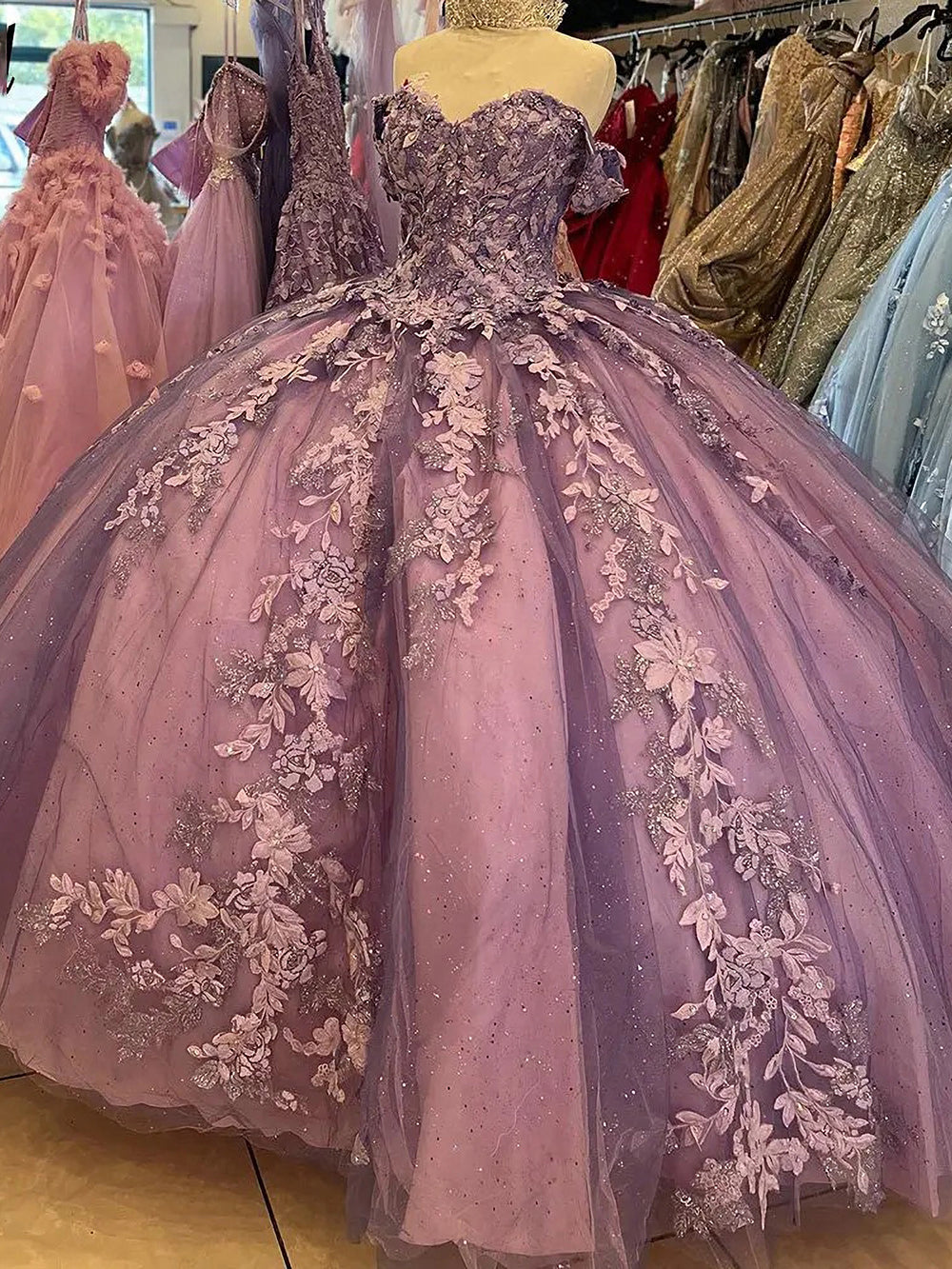 Glitter & Luxury Ball Gown Off Shoulder 3D Floral Lace Appliques Quinceanera Dress Birthday Party Gown for Sweet 16