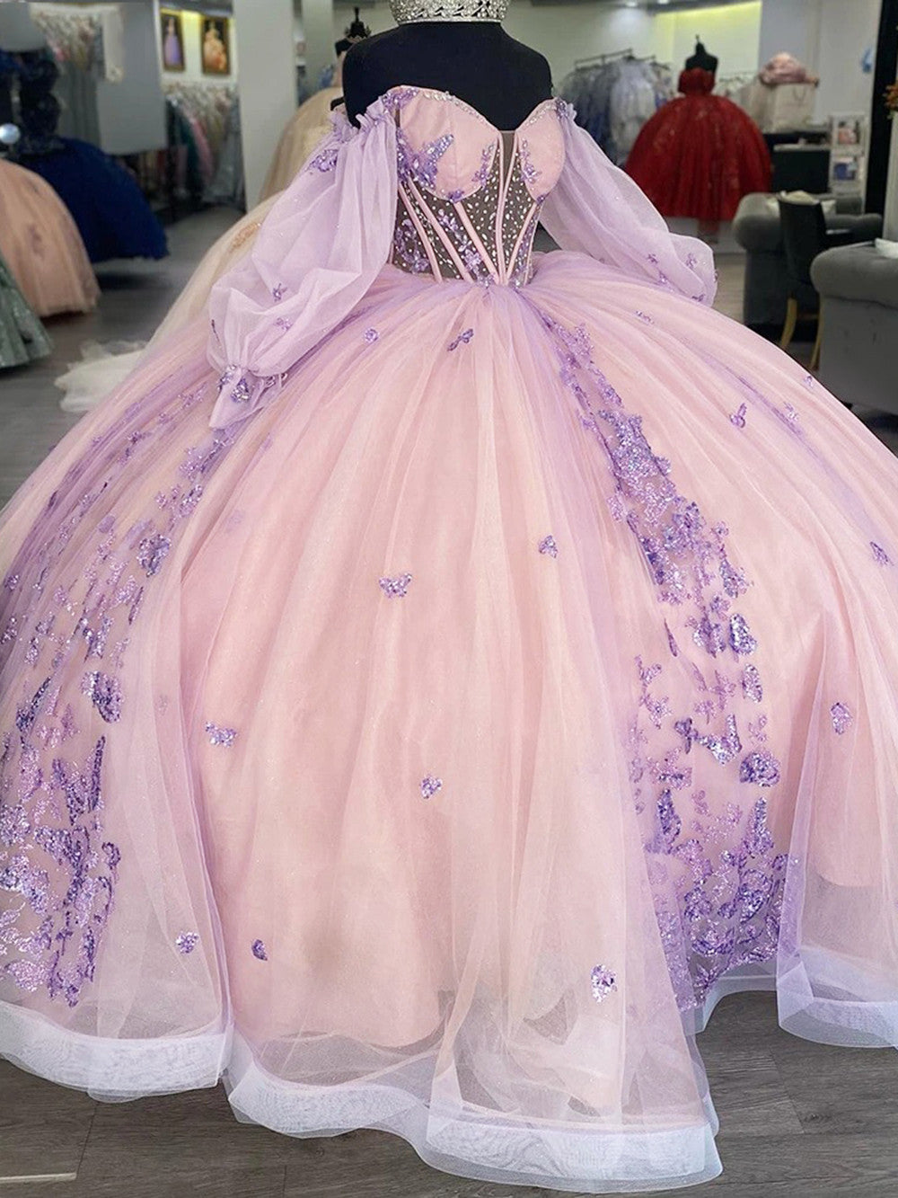 Elegant Ball Gown Off Shoulder Long Lantern Sleeves 3D Butterfly Appliques Beaded Pink Tulle Princess Gown Quinceanera Dress for Sweet 16