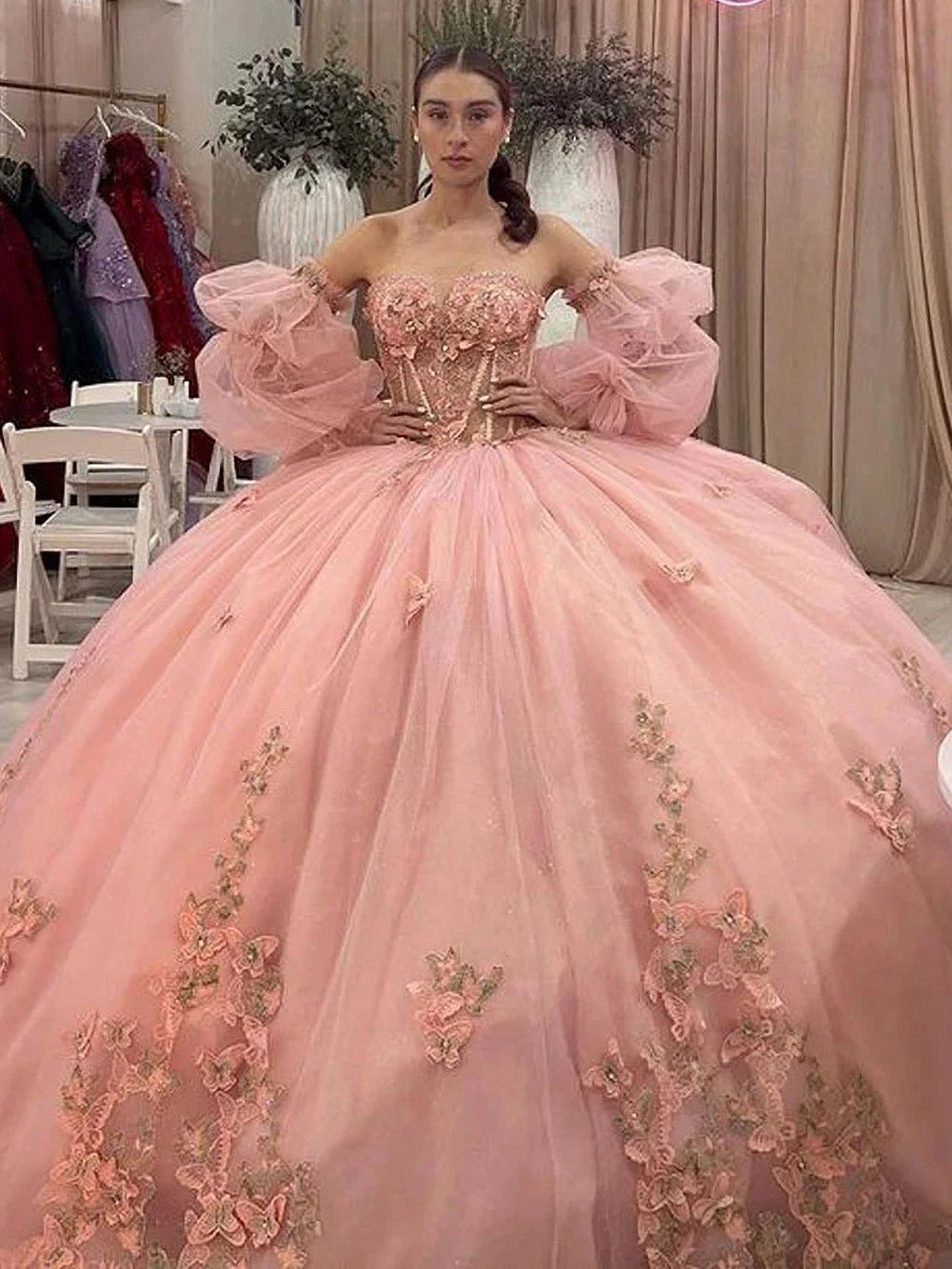 Chic Ball Gown Sweetheart Neck Puff Sleeves Beaded 3D Flowers Lace Appliques Pink Tulle Quinceanera Dress Princess Party Gown for Sweet 16