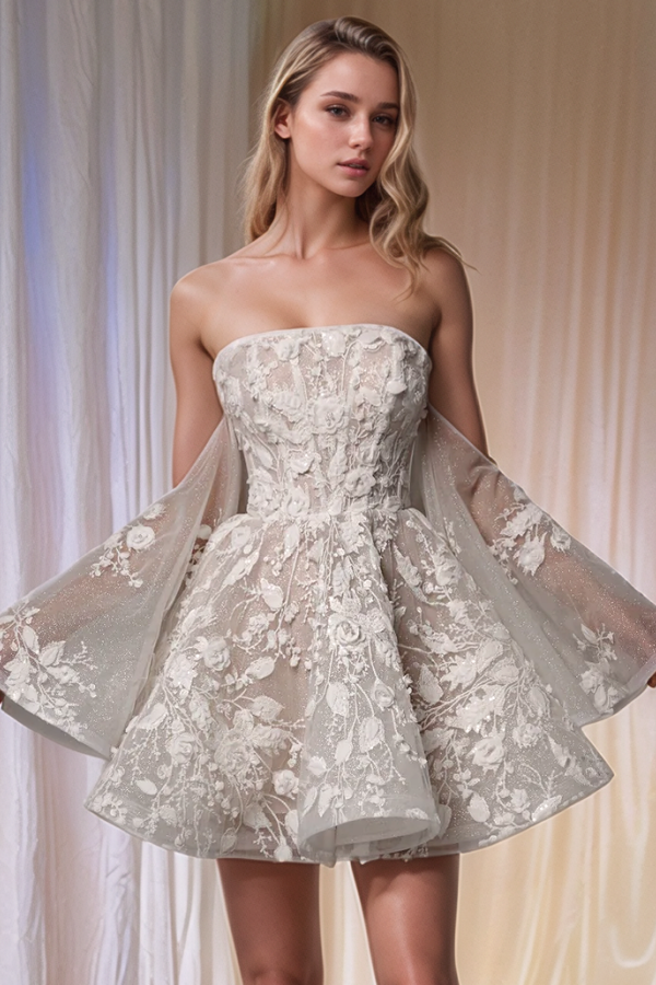 Unique A-Line Off Shoulder Long Bell Sleeves Fully Appliques Sparkly Tulle Lace Up Knee Length Mini Wedding Dress Bride Gown