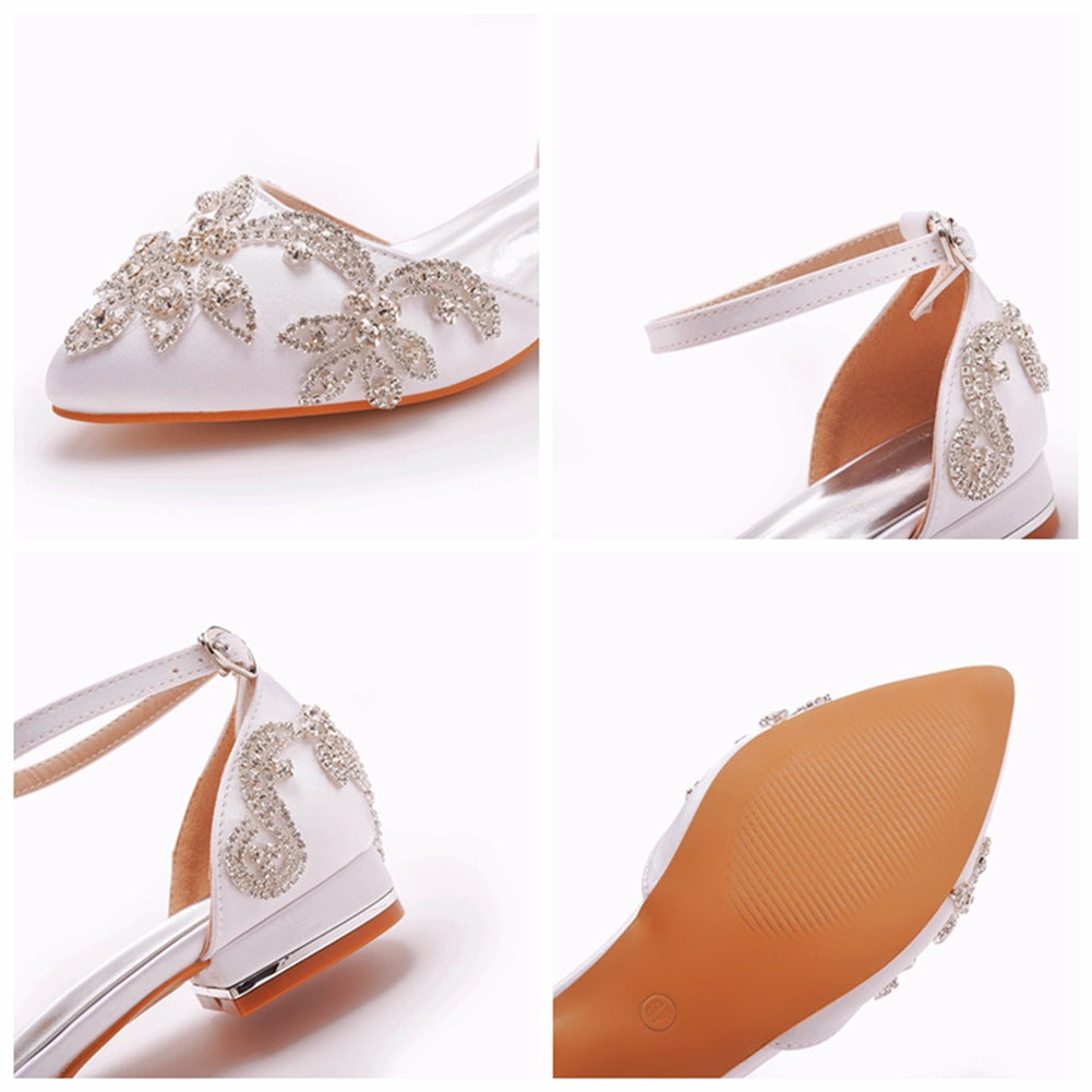 White Satin Rhinestone Flowers Pointed Toe Chunky Heels