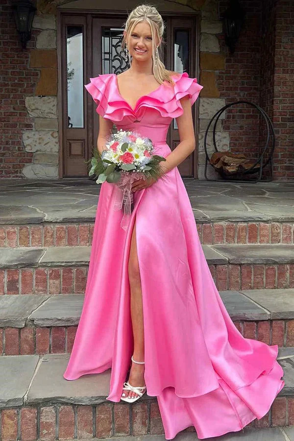 Cute A-Line V Neck Sleeveless Ruffles V Back High Side Slit and Train Back Zipper Prom Dresses Dress Evening Party Gown