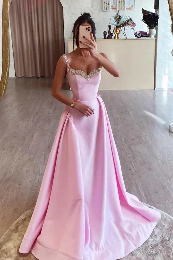 Chic & Modern A-Line Strapless Straps Sleeveless Crystal Beaded Pink Satin Floor Length Prom Dresses Dress Evenin Party Gown with Train