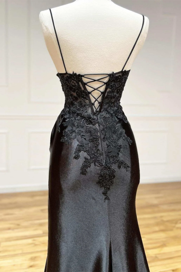 Elegant Sheath V Neck Spaghetti Straps Sleeveless Pleated Lace Appliques Long Prom Dresses aty Dress High Side Slit and Train Formal Evening Gown Cocktail Dress
